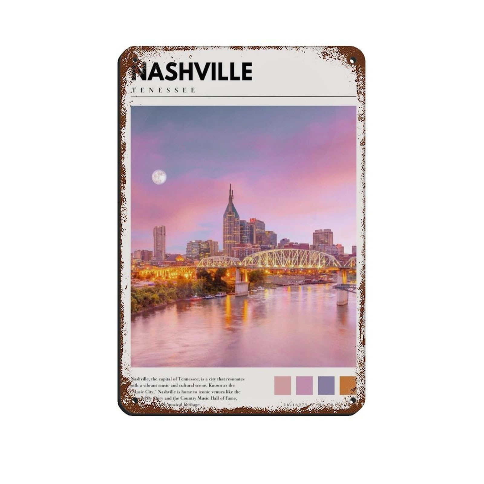 Nashville Tennessee City Poster Nashville Photo Tin Sign Vintage Metal Pub Club Cafe Bar Home Wall Art Decoration Poster Retro 8x12inch(20x30cm)