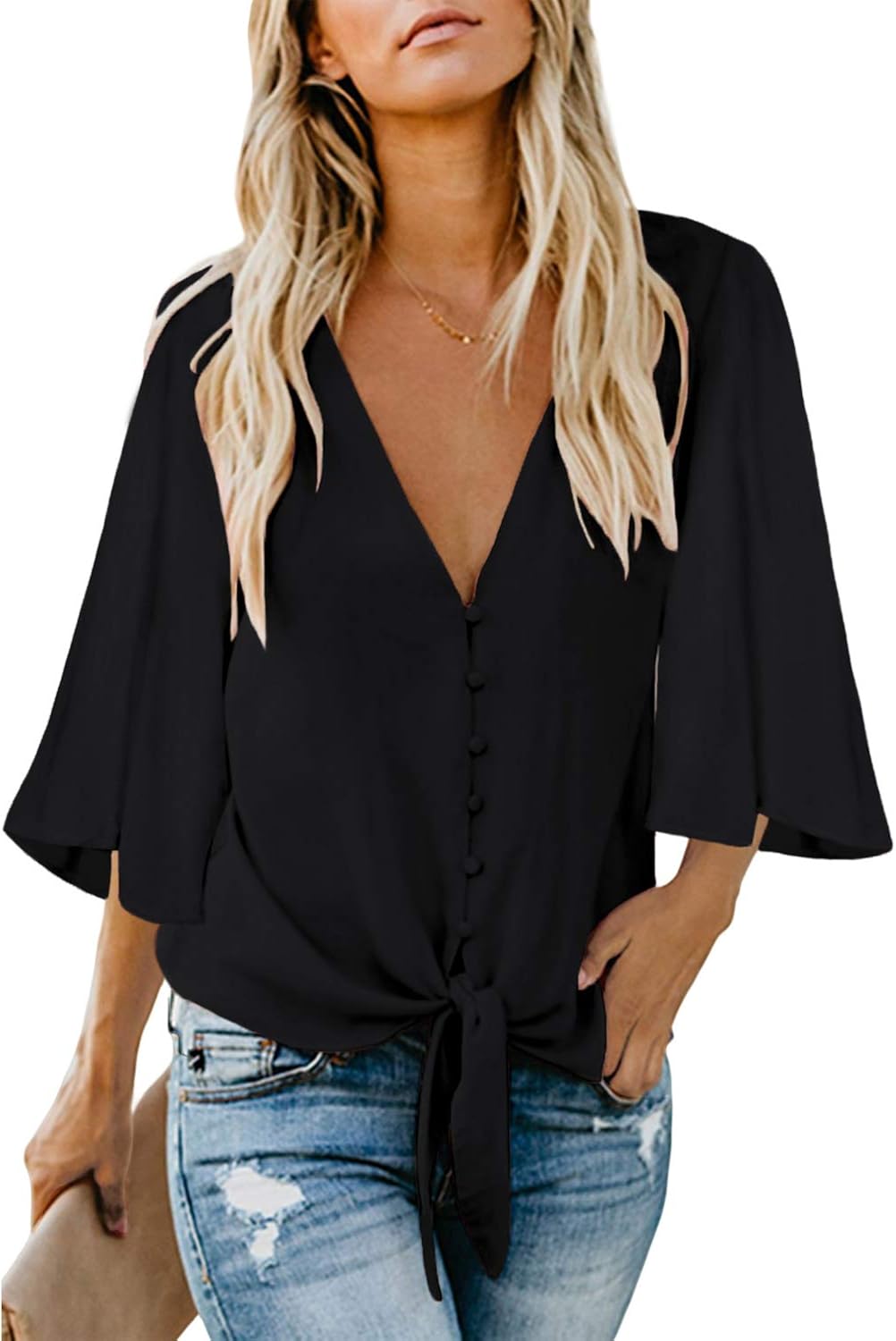 luvamia Women's Casual V Neck Tops 3/4 Sleeve Tie Knot Blouses Solid Button Down Shirts at  Women’s Clothing store