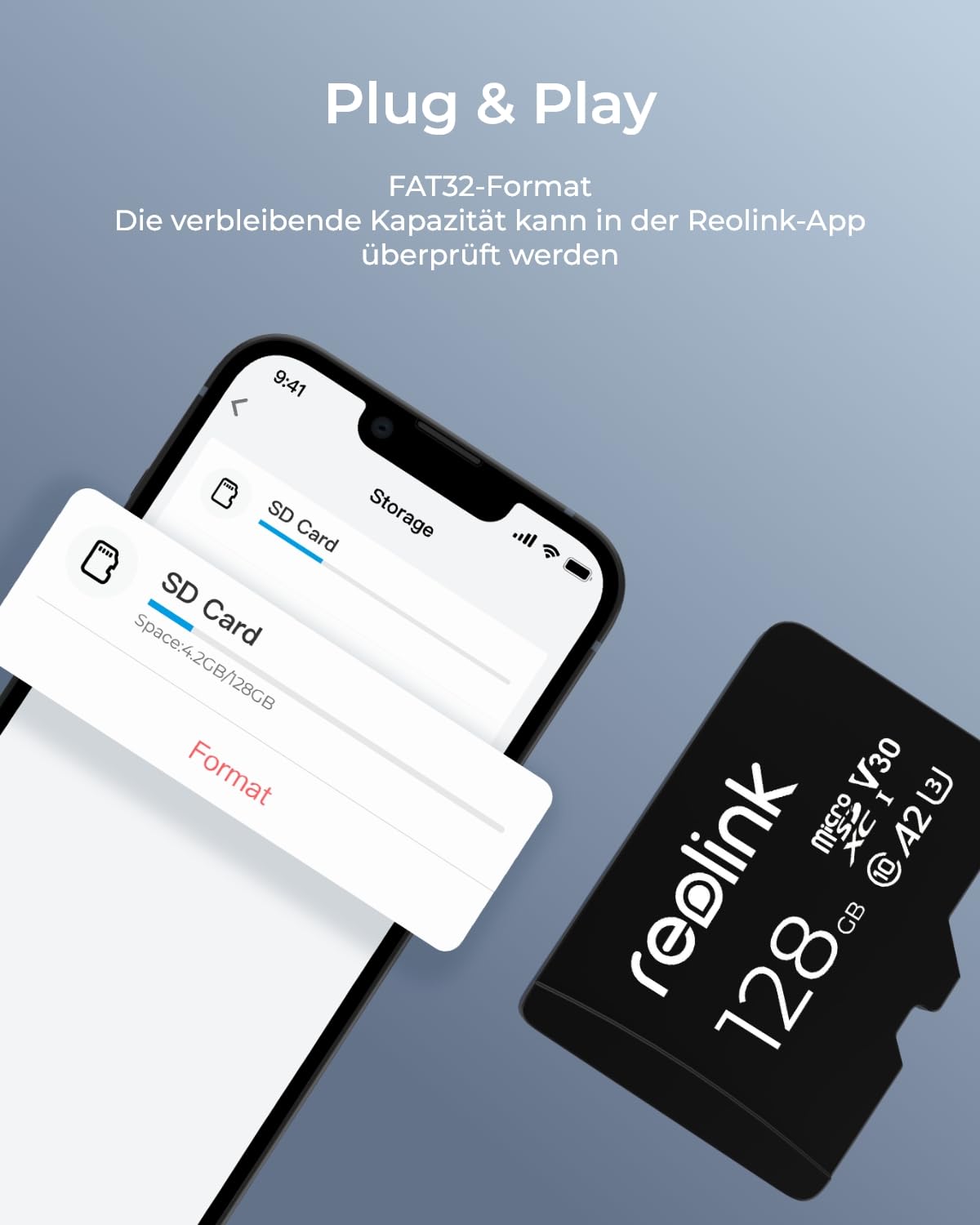 Reolink 128 GB microSDXC Speicherkarte Klasse 10 A2 V30 U3 TF bis 100 MB/s