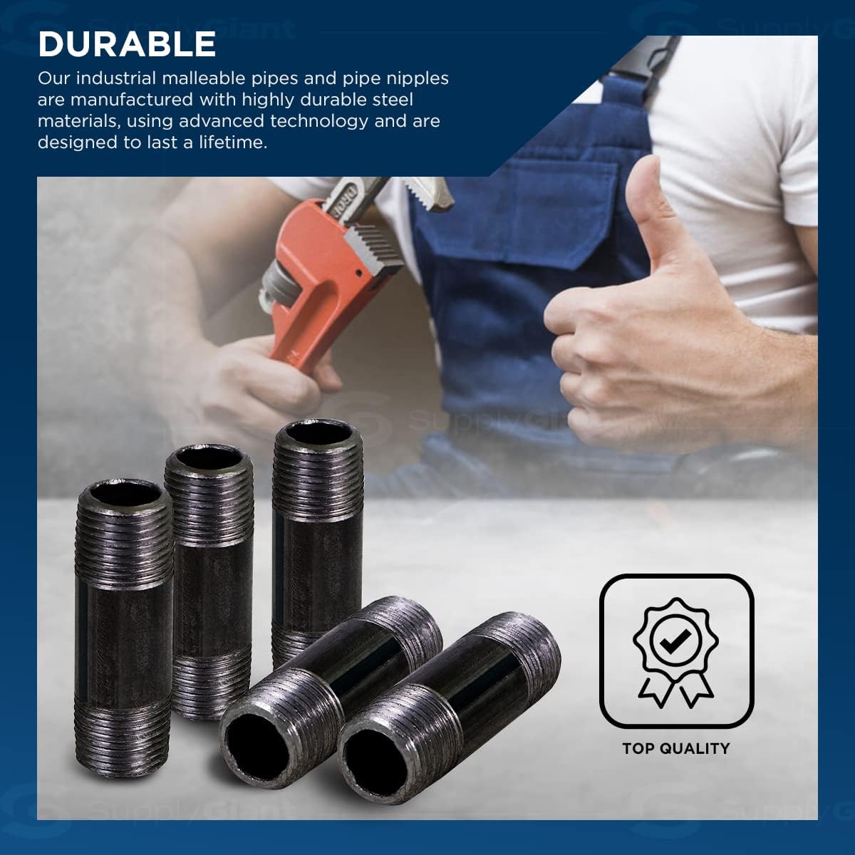 SupplyGiant 1/2 x 5 Inch Black Steel Pipe (10-Pack), Heavy Duty Industrial Malleable Iron Pipes, Pre Cut Threaded Nipple Great For All DIY Furniture And Black Pipe Shelving