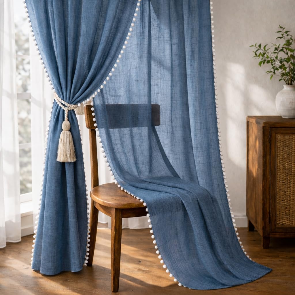 THE LINEN COMPANY Sheer Curtains Cotton Curtains with Pom Pom Lace Rod Pocket Window Curtains Light Filtering Transparent Net Curtains for Window Curtains Navy Blue 7 Ft Pack of 2