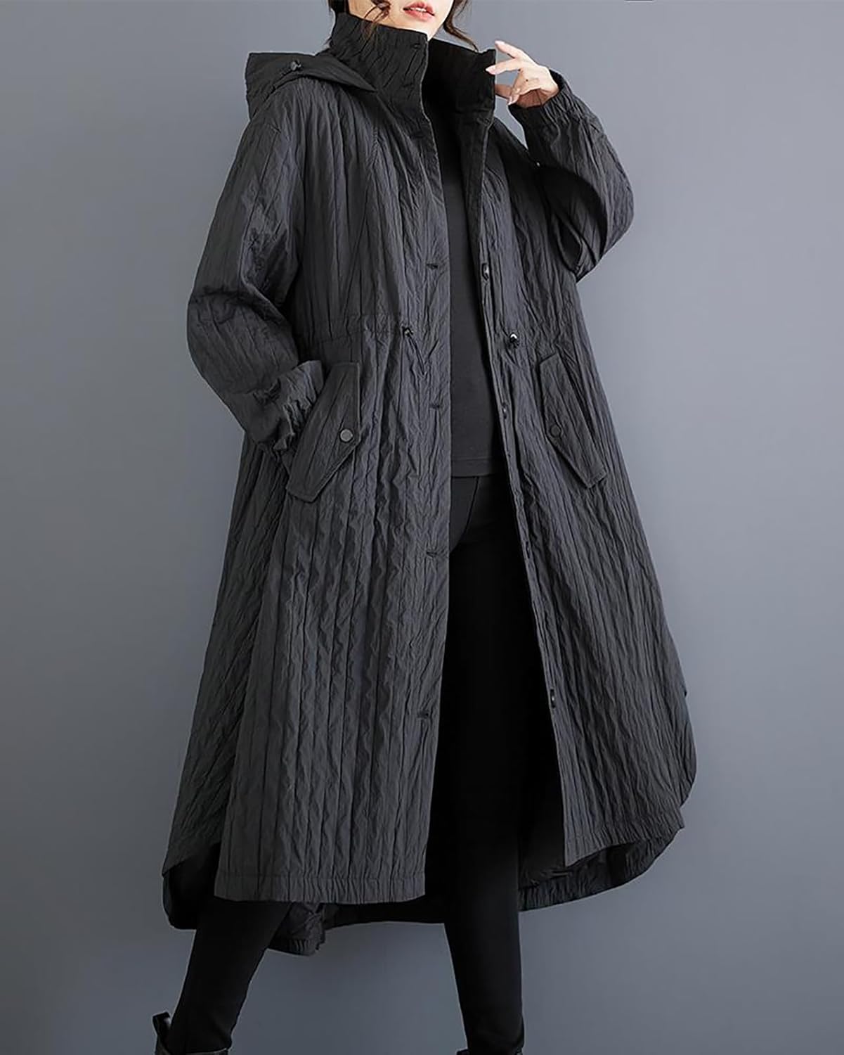 ellazhu Women's Coats Hooded Long Sleeve Oversize Button Down Long Maxi Hem Solid Outerwear Side Pockets GZ670 A - Image 3