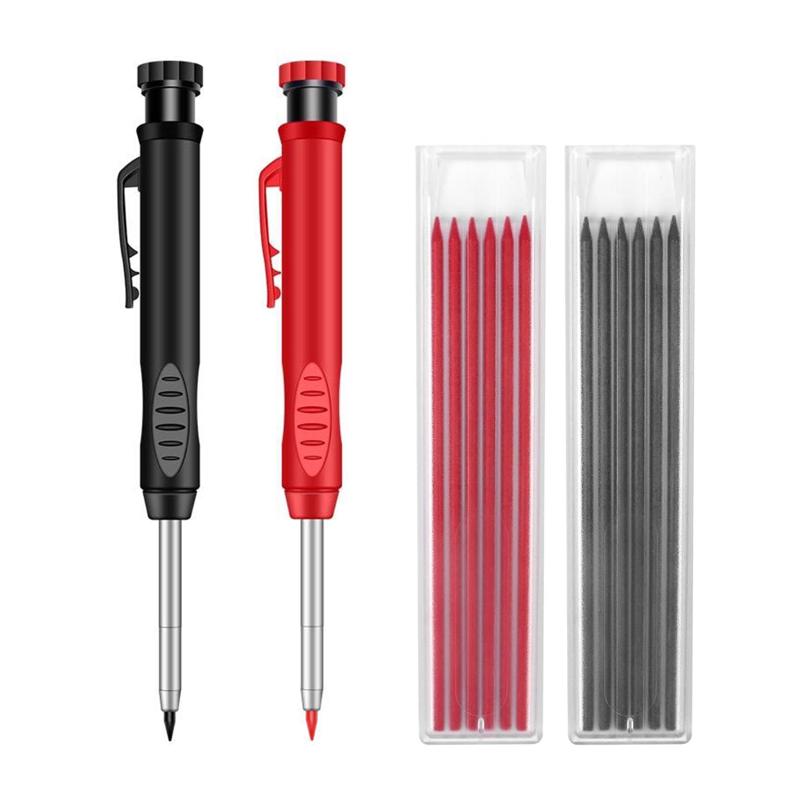 2 Pack Mechanical Carpenter Pencils, 45mm Long Nose Nib Metal Solid Joiners Pencil with Sharpener, Scribe Tool Work Pencils with 14 Refills in 2 Colours, for Woodworking, Construction and Marking