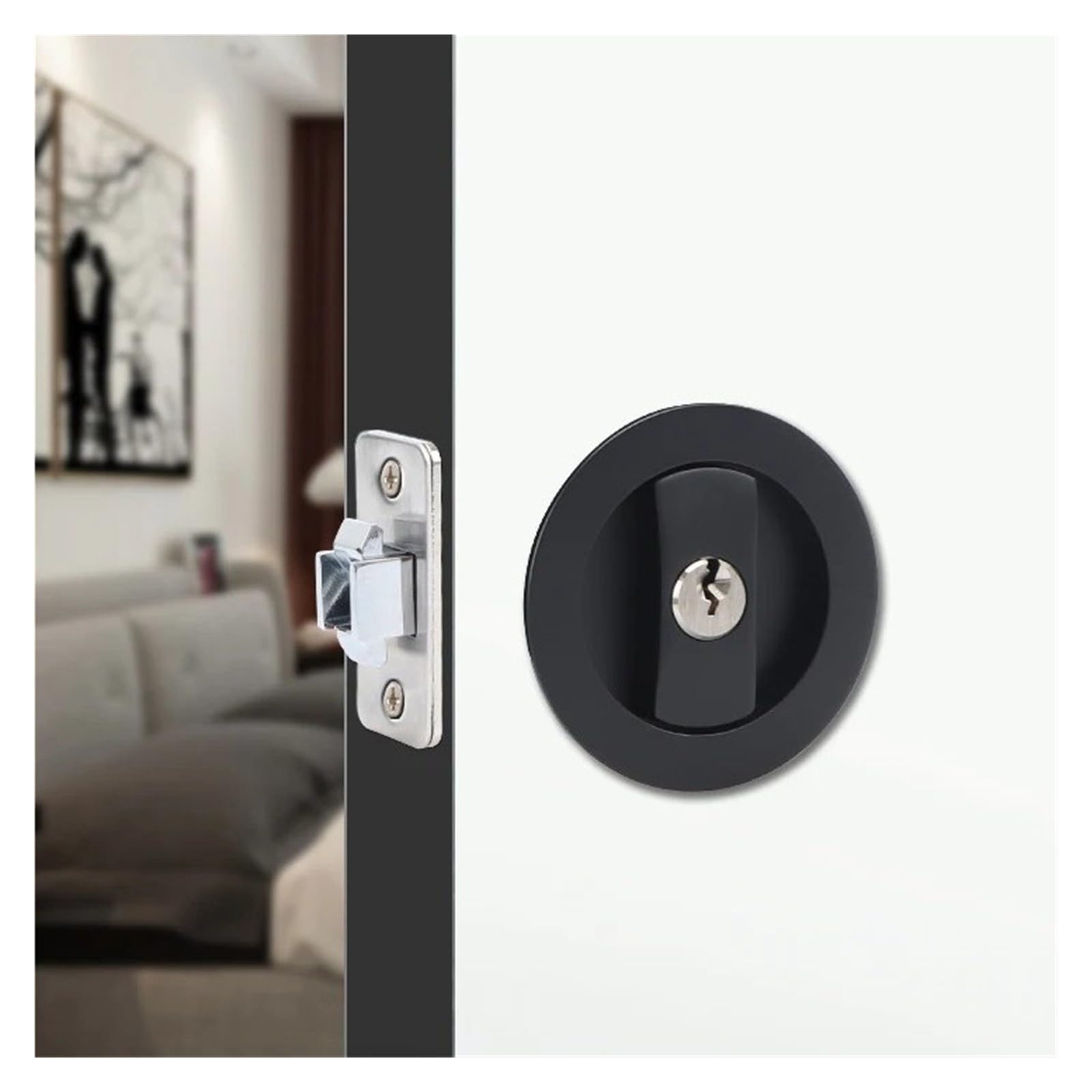Cerradura de puerta corredera de doble gancho Invisible negra for baño(Have the key 1)