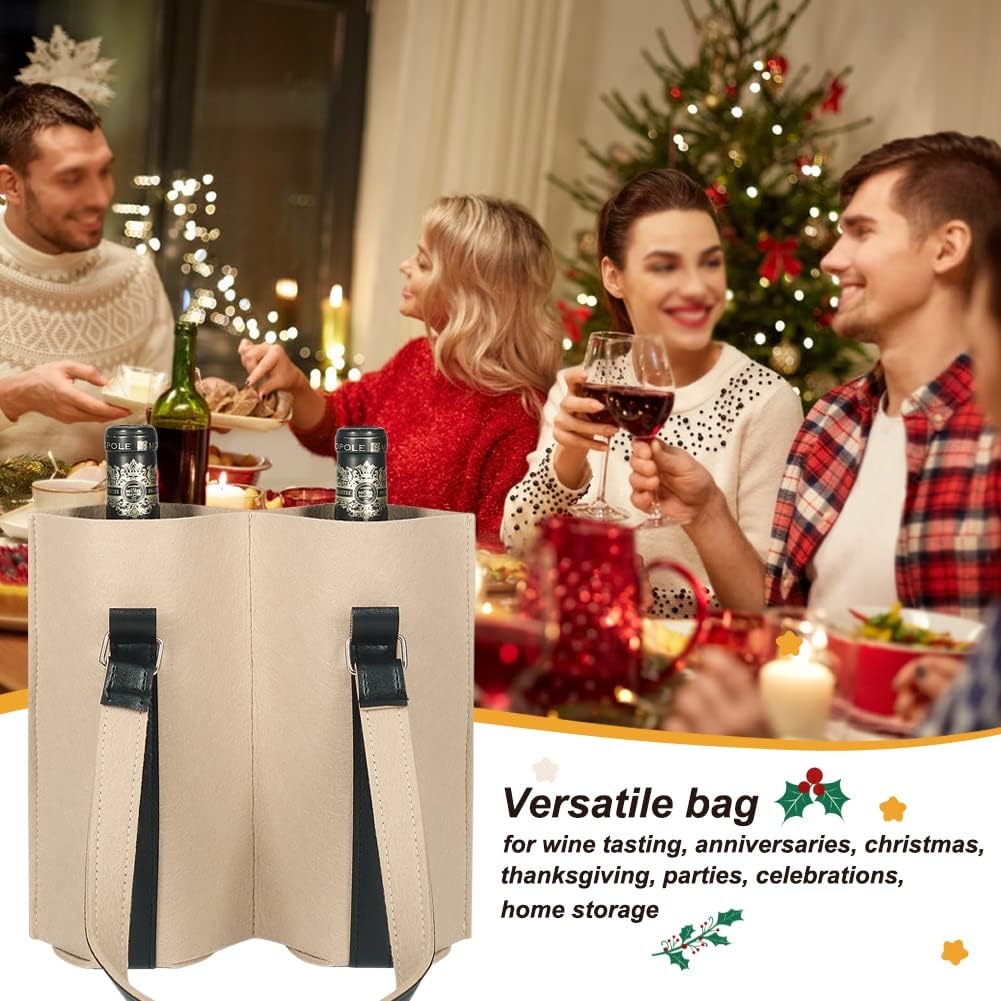 Shintop Double Wine Gift Bag, Felt Wine Carrier Tote Bag with Handle for Wedding Birthday Christmas Party Favors (Beige) - Image 6