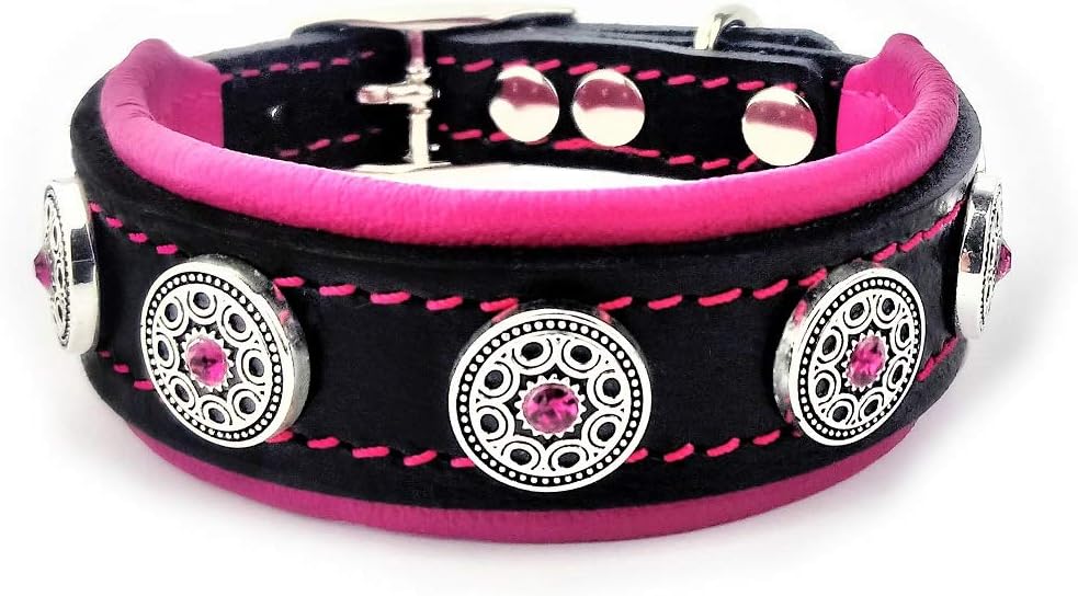 Bestia Bijou Leather Dog Collar - 1" Wide Soft Dog Collar with Orthopedic Cushion for Durability & Refined Comfort - Handmade Studded Black Leather with Red Rhinestones for Small Breeds