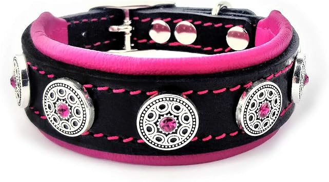 Bestia Bijou Studded Leather Puppy Collar, 1 in Wide, Orthopedic Cushion | Black, Pink Rhinestones, Size XS, neck 7.9-9.8 in, handmade in Europe, for Chihuahua, Yorkshire Terrier, Pomeranian, Pug