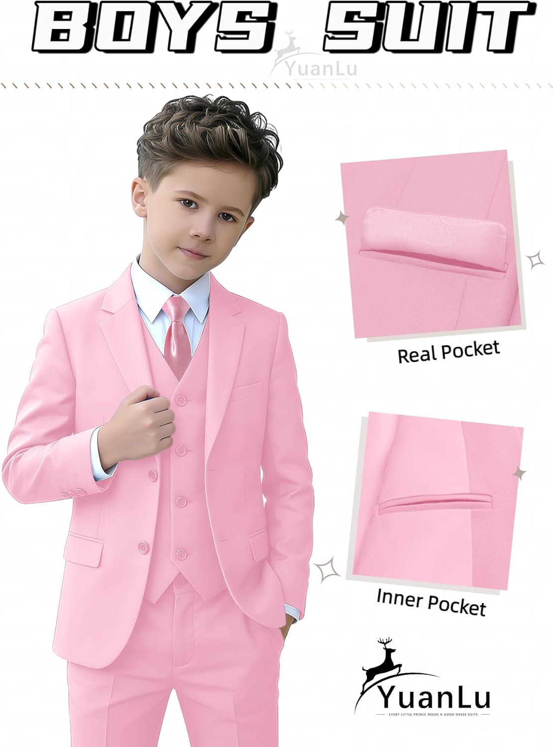 YuanLu Boys Suit for Kids Tuxedo Wedding Ring Bearer Outfit, 5 Piece Boy Slim Fit Formal Suits with Adjustable Waist thumbnail