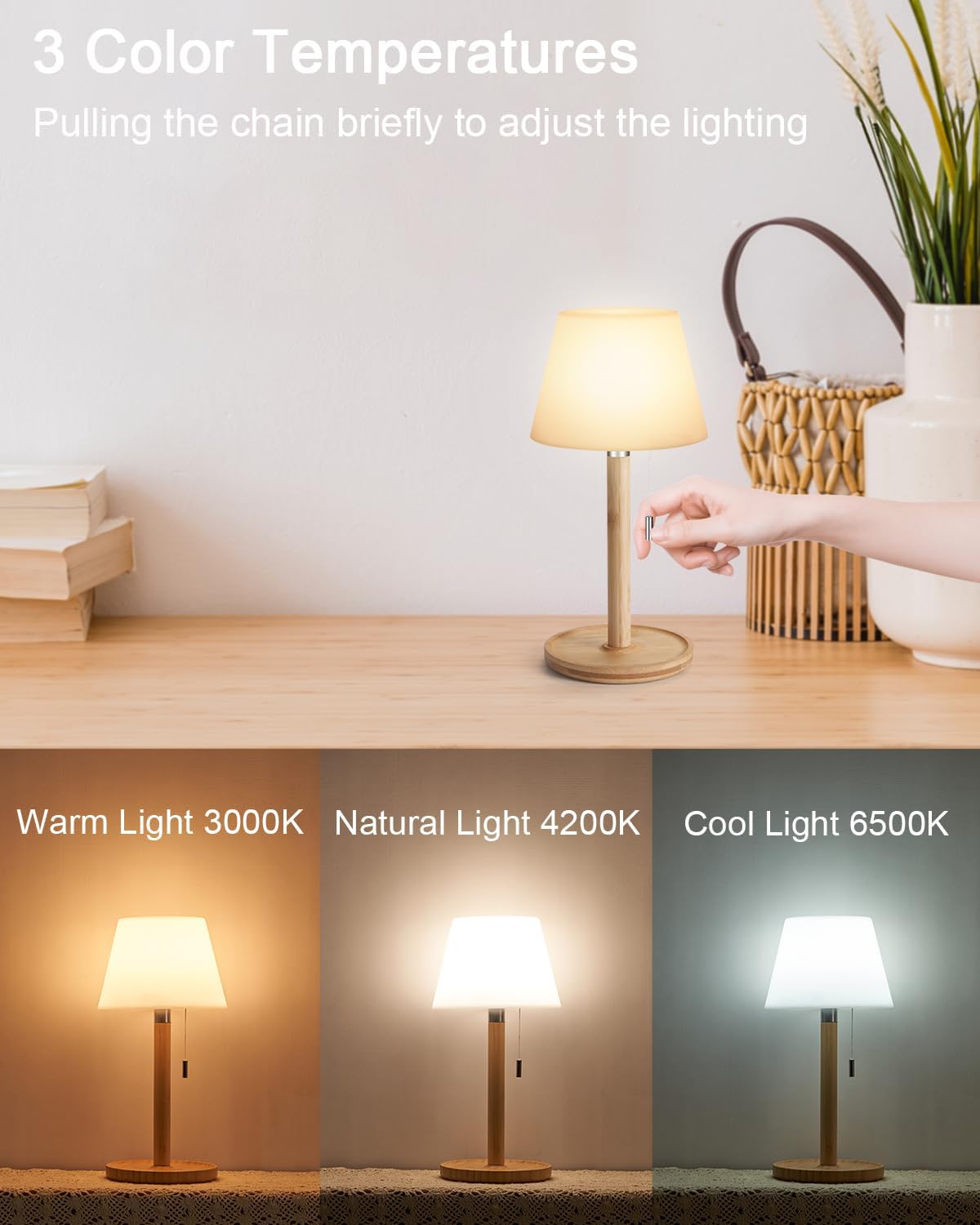 Shower Lamp Waterproof, Small Cordless Table Lamp Rechargeable Outdoor Table Lamp with 3 Color Temperatures, Battery Powered LED Night Light for Bedroom Bathroom Patio Camping Restaurant - Image 5