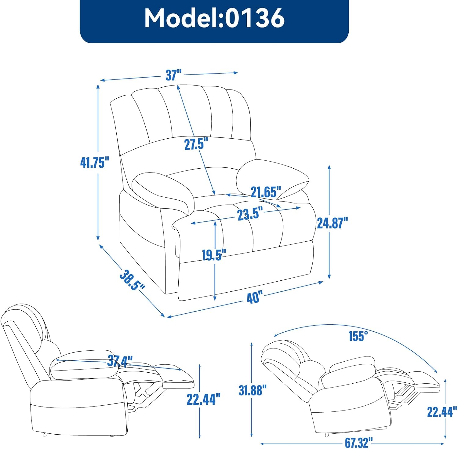 Large Boy Lazy Recliner Chair for Adult, Comfortable Manual Single Recliner Sofa in Velvet Fabric, Oversized Reclining Chair for Living Room, Bedroom (Dark Grey)
