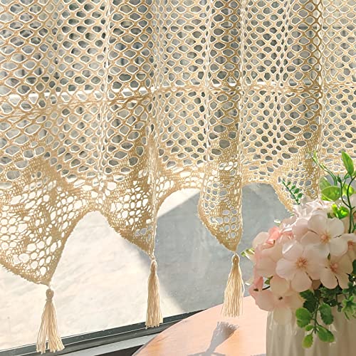 Sfj-Ca Crochet Window Valance 18 Inches Macrame Kitchen Curtain Valance With Tassels Rod Pocket Farmhouse Vintage Window Treatment Decoration, 1 Panel #TOP2
