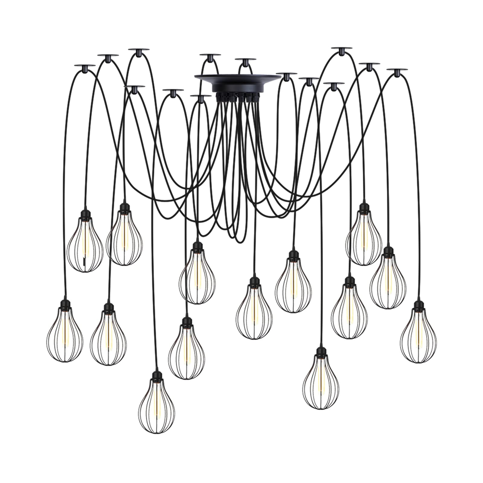 Lustre industriel vintage noir 14 lumières avec cage métallique suspendue