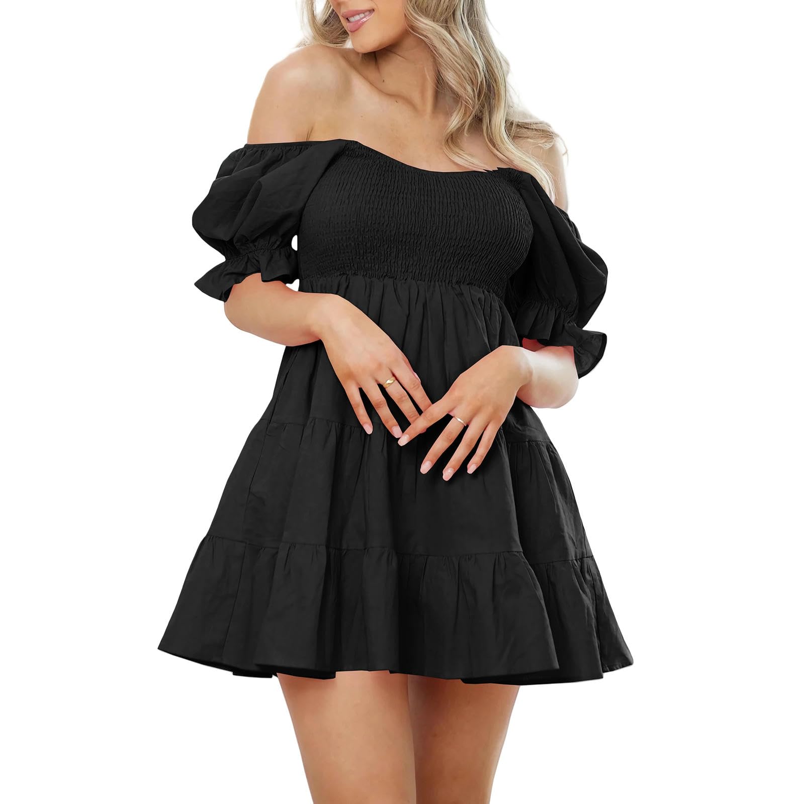 Sukienka damska Letnie sukienki damskie Latarnia z rękawami Linia A-Line-Black-XL
