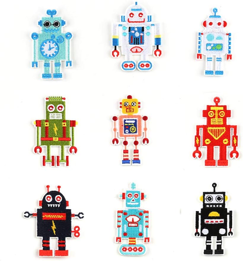 Iron On Patches Unique Embroidered Motif Applique 9pcs/lot Assorted Small Size Robot Figure Shape Cool Decoration Iron/Sew On Patches for DIY Caps Handbag T-Shirt Jeans Jacket Clothing