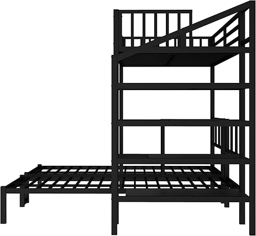 Miniatura 16 de Litera en forma de L individual sobre cama matrimonial adjunta, litera triple de metal con escritorio y tobogán integrados, marco de literas de