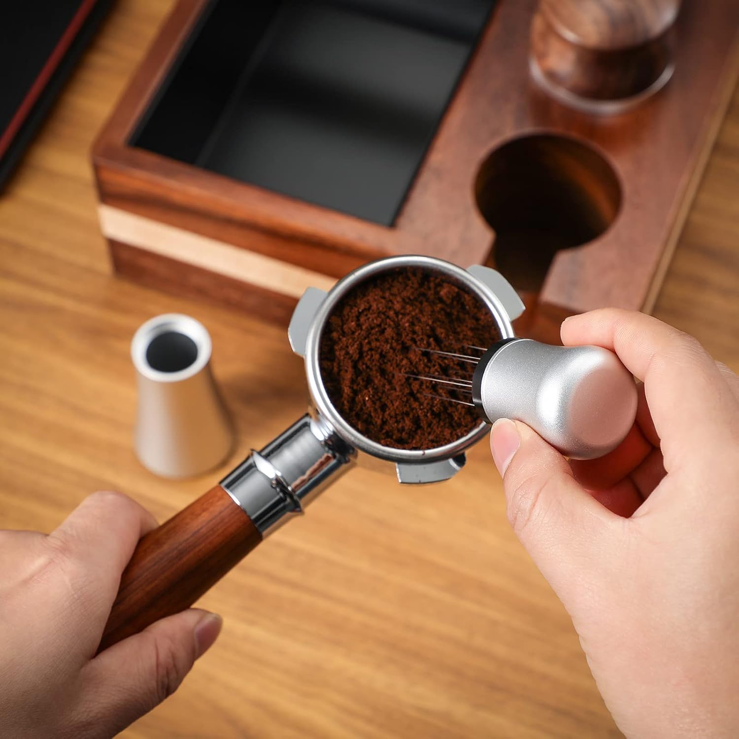 WDT Tool Espresso Distribution Tool - 10 Needle Espresso Coffee Stirrer I 0.35mm Professional Barista Pavant Coffee Stirring Distribution Tool,Aluminum Alloy Handle with Stand (Matte Silver) image 5