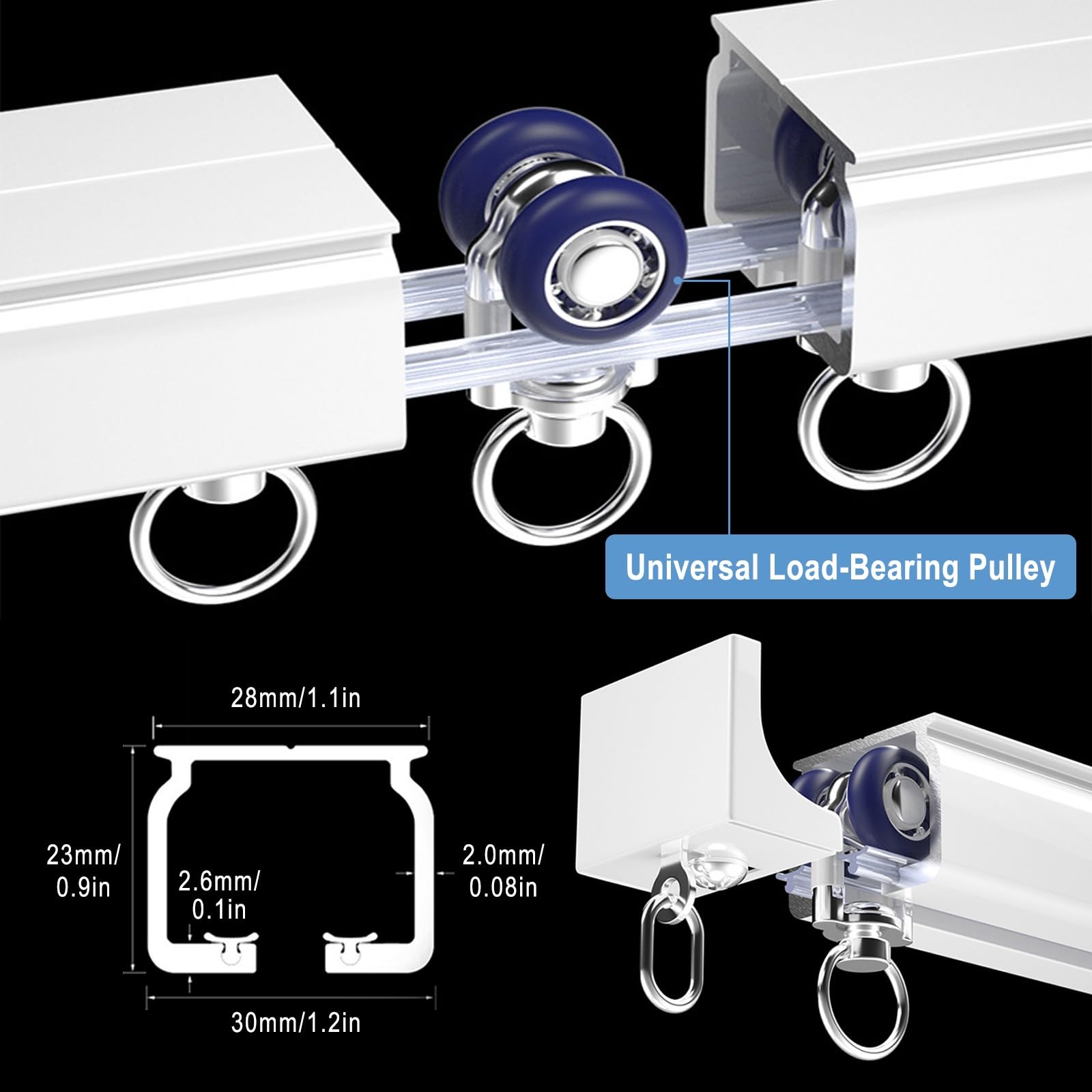 Système de rail de rideau robuste en alliage d'aluminium, rail simple silencieux pour rideaux et séparateurs de pièce, roulement à billes équipé pour salon et chambre à coucher