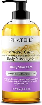 زيت تدليك الجسم الأثيري الهادئ PHATOIL 260 مل 8.8 أونصة، مزيج من الزيوت النباتية الطبيعية وزيت اللافندر والبابونج الروماني وزيت النيرولي الأساسي لتدليك العناية بالبشرة وزيوت الجسم للنساء والرجال