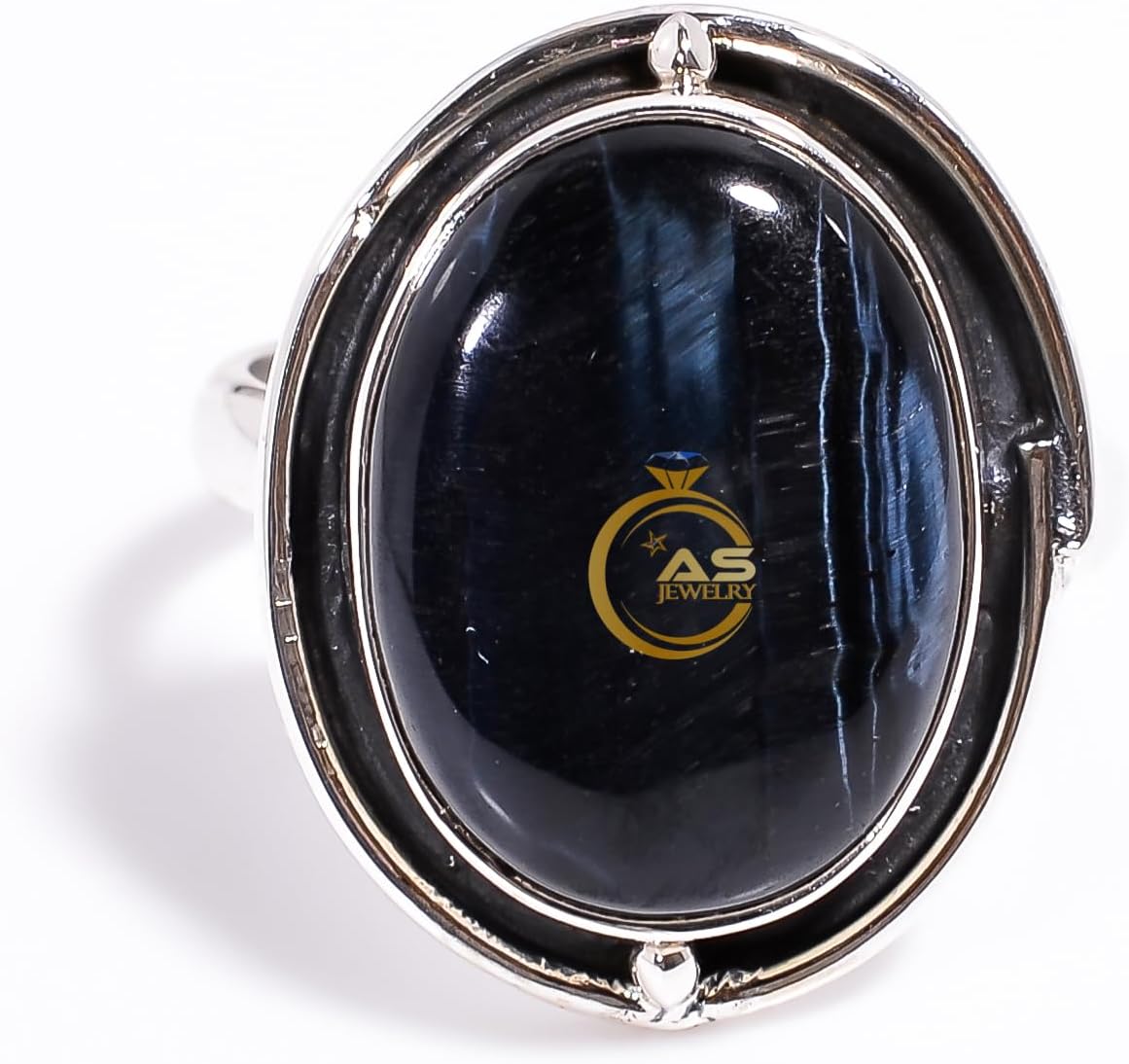 Natural Dark Blue Tiger Eye Gemstone Ring Solid 925 Sterling Silver Handmade Statement Promise Ring, Blue Color Stone Rings For Women Tiger Eye Ring