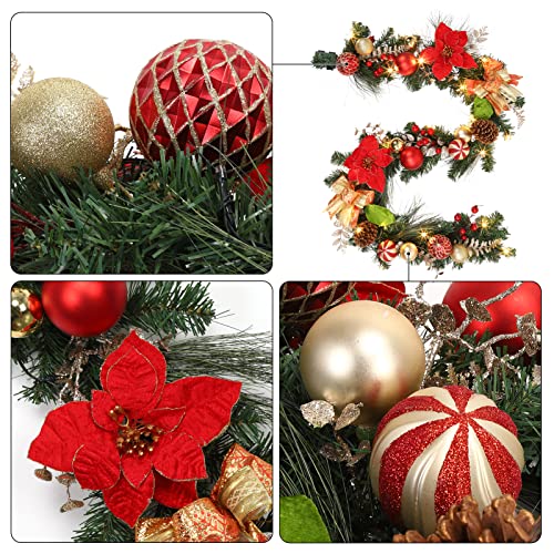Adeeing 6FT Christmas Garland with Lights, Xmas Battery Operated Artificial Rattan with Classic Red Gold Decorations, Xmas Garland for Home Indoor Fireplace Mantle Outdoor Decor, Red