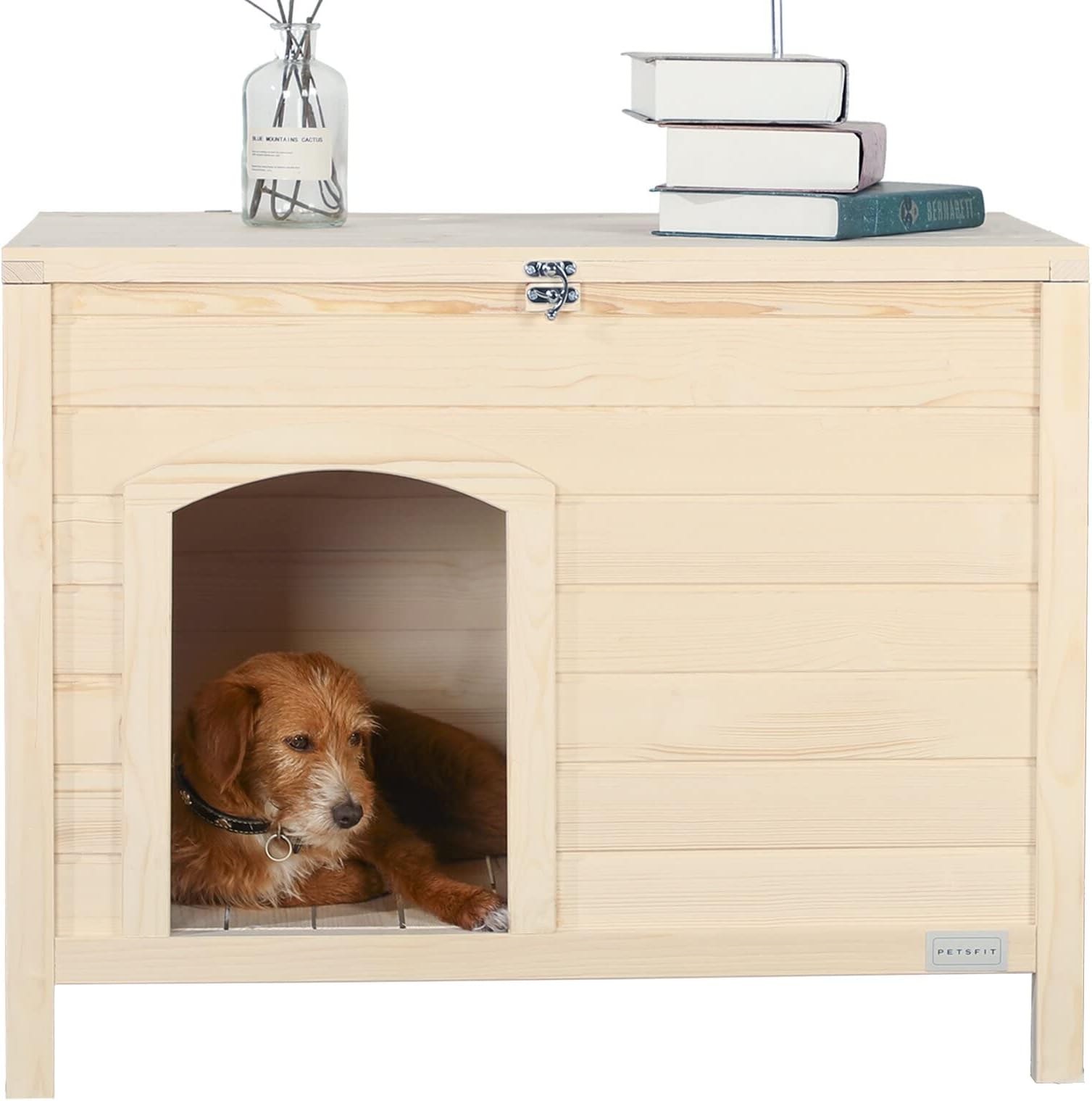 Petsfit Wooden Indoor Dog House - No Tools Required, Easy One-Step Assembly for Small/Medium/Large Dogs, Collapsible and Easy to Clean, Natural Log Material with Environmentally Friendly Varnish