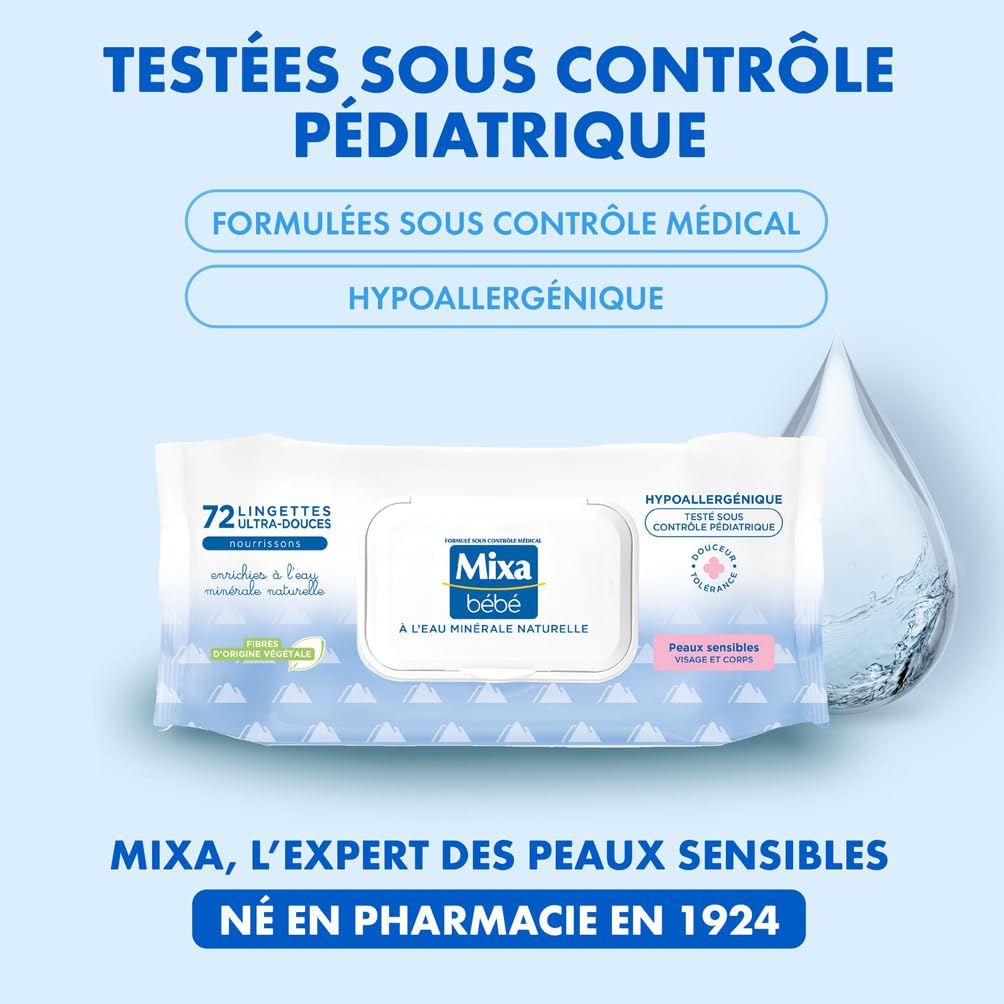 Mixa Bébé Lingettes à l'Eau Minérale Naturelle - Fibres Végétales - Hypoallergénique - Lot de 12 x 72