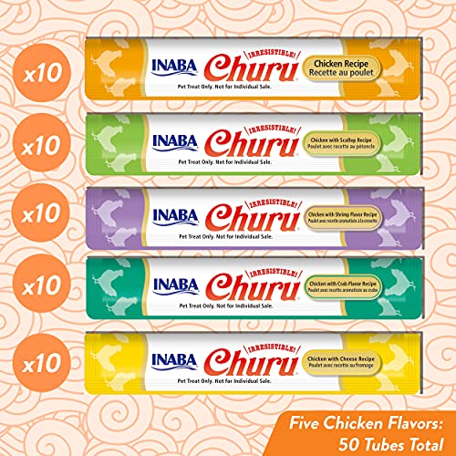 Inaba Churu Cat Treats, Grain-Free, Lickable, Squeezable Creamy Purée Cat Treat/Topper With Vitamin E & Taurine, 0.5 Ounces Each Tube, 50 Tubes, Chicken Variety #TOP2