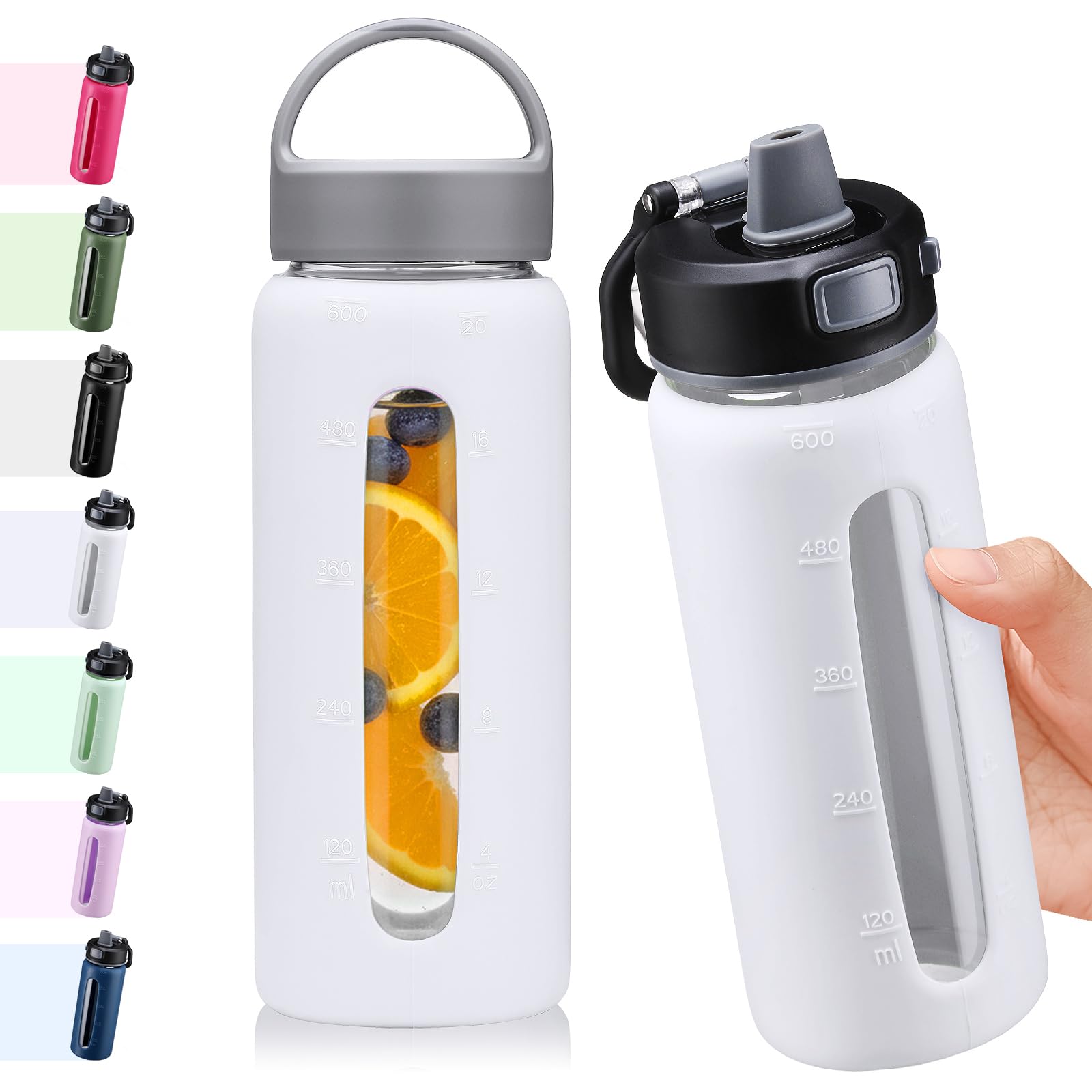 BLUEGO 600ml Glas Wasserflasche mit 2 Deckeln- One-Touch Verschlussdeckel und Griffdeckel Wiederverwendbare Trinkflasche mit Zeitskala für Reisen Zuhause Fitnessstudio Sport BPA-frei, Weiß