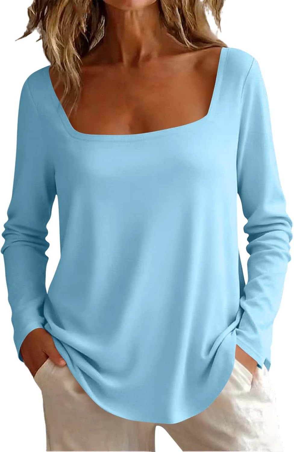 Womens Square Neck Long Sleeve Shirts Double Lined Fall Tops | Soft Comfy Stretchy Fitted Basic Tee Shirts, Going Out Work Casual, Loose Fit Basic Blouses, Fashion Layering Base Clothing