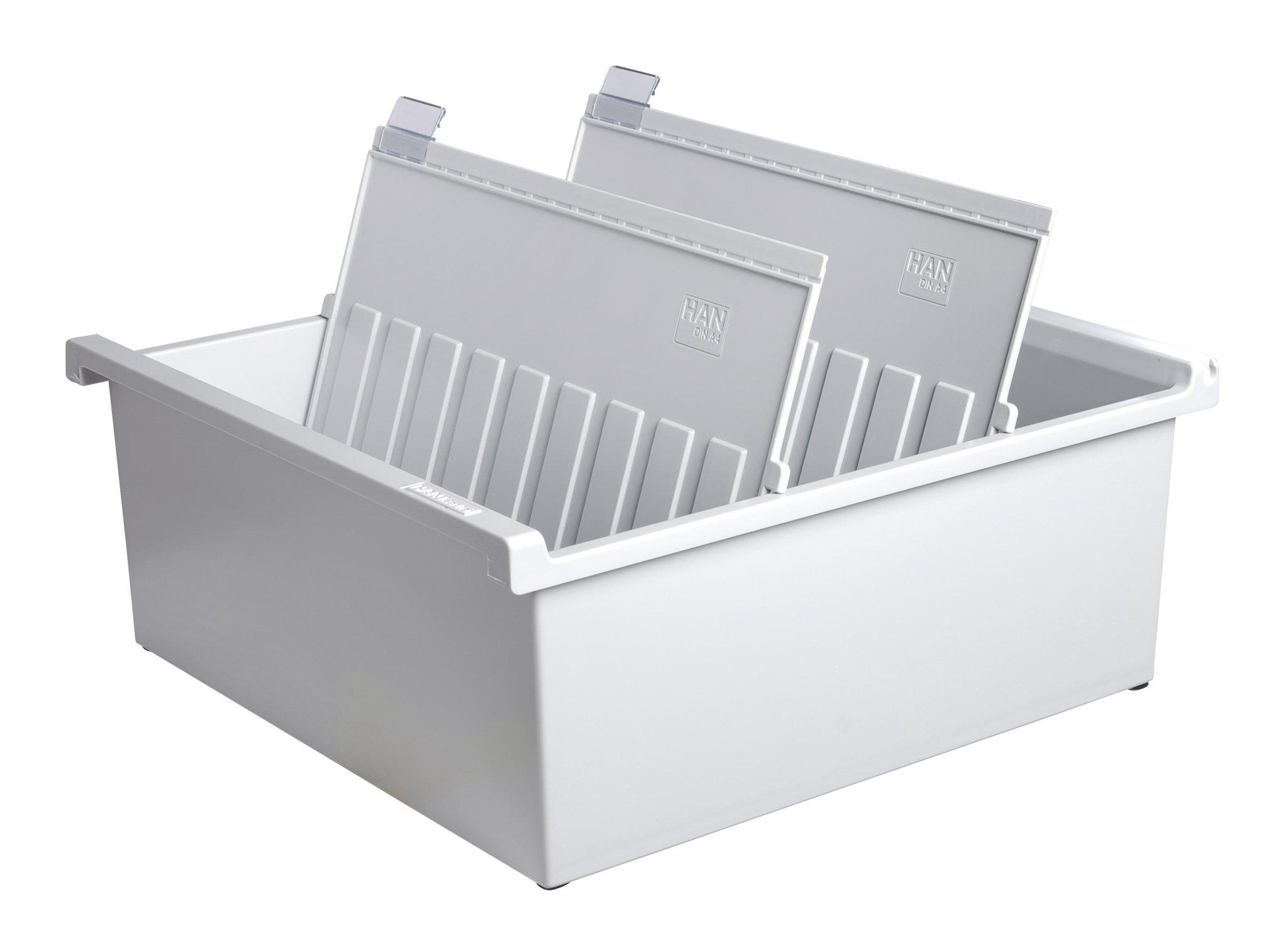 HAN 954-0-11, Card index tray A4 landscape. Innovative, attractive design holds 1,300 cards, supplied with 2 support plates with clear file clips, light-grey
