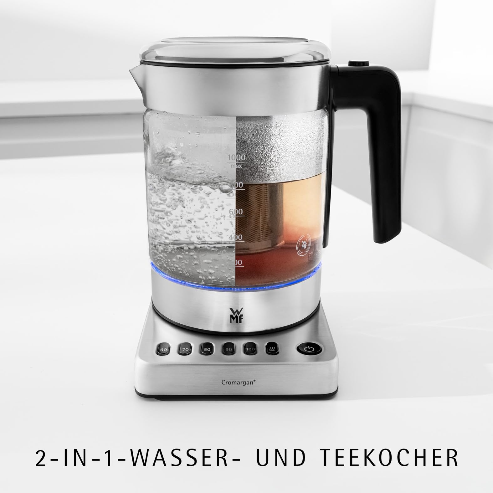 WMF Küchenminis 2 in 1 Vario Wasserkocher mit Temperatureinstellung, 1,0l, 1900 W, Teekocher Glas mit Teebeutelhalter und Sieb