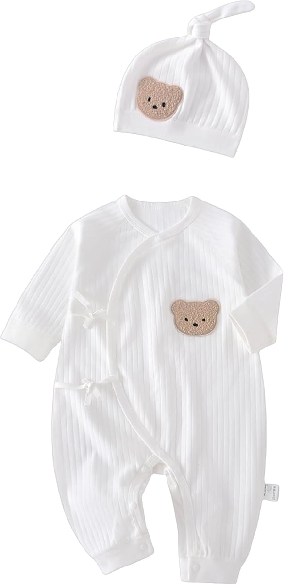 Juego de corpiño y sombrero de canalé para bebé con aplicación de oso, Body Infantil 100% Algodón, Blanco, Manga Larga