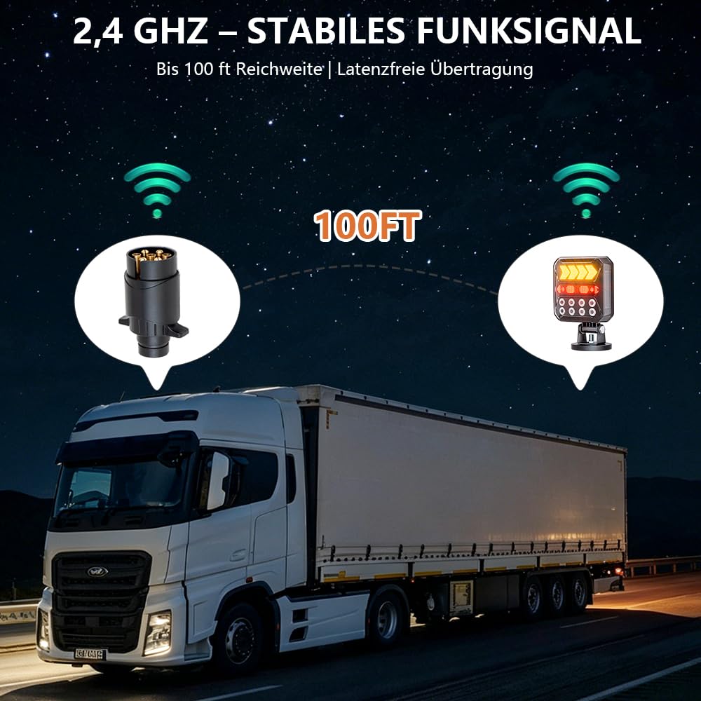 12/24V Solar kabellose magnetische LED Anhänger Rückleuchten Set, Bluetooth, 7-pol Stecker & USB-C, IPX6 wasserdichte Heckleuchten mit Doppelstahlseilen, für Anhänger LKW Wohnwagen Traktor | 7-poliger Stecker & USB-C, IPX6 wasserdichte LED-Rücklichter mit