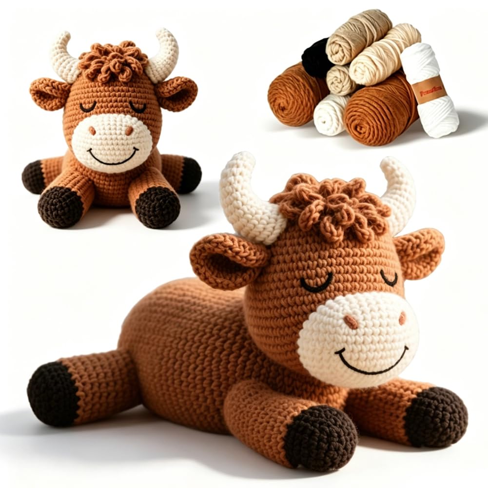 KMFASVX Crochet Kits for Beginners Adults, Highland Cow Crochet Kit for Beginners, Crochet Starter Kit Step-by-Step Video Tutorials, DIY Knitting Supplies for Adults Kids Holiday Birthday Gifts