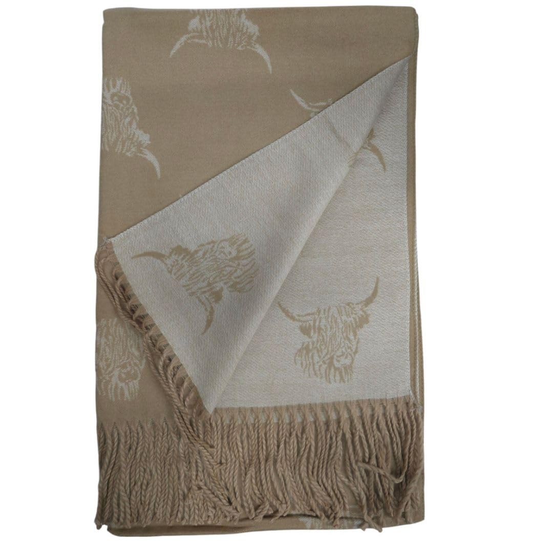 Love EMVY Cashmere Highand Cow Blanket Scarf – Reversible Winter Shawl, Oversized Pashmina Wrap, Warm Chunky Knit Scarf for Women – 180 × 65 cm (Khaki/Cream)