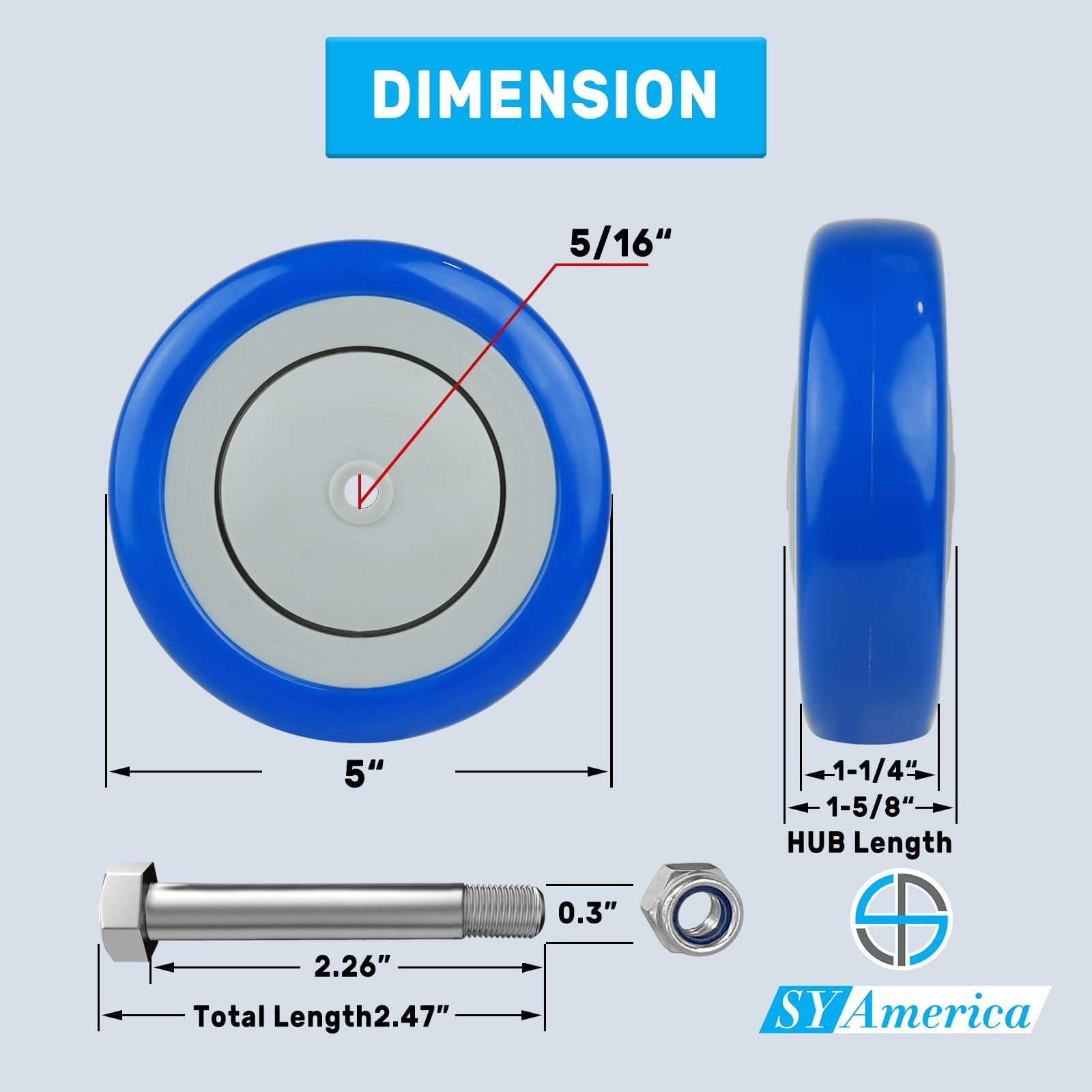 SY America - Kit di 4 ruote di ricambio per carrello della spesa da 12,7 cm, doppi cuscinetti di precisione, in poliuretano, capacità di carico 635 kg (foro da 5/16", blu)
