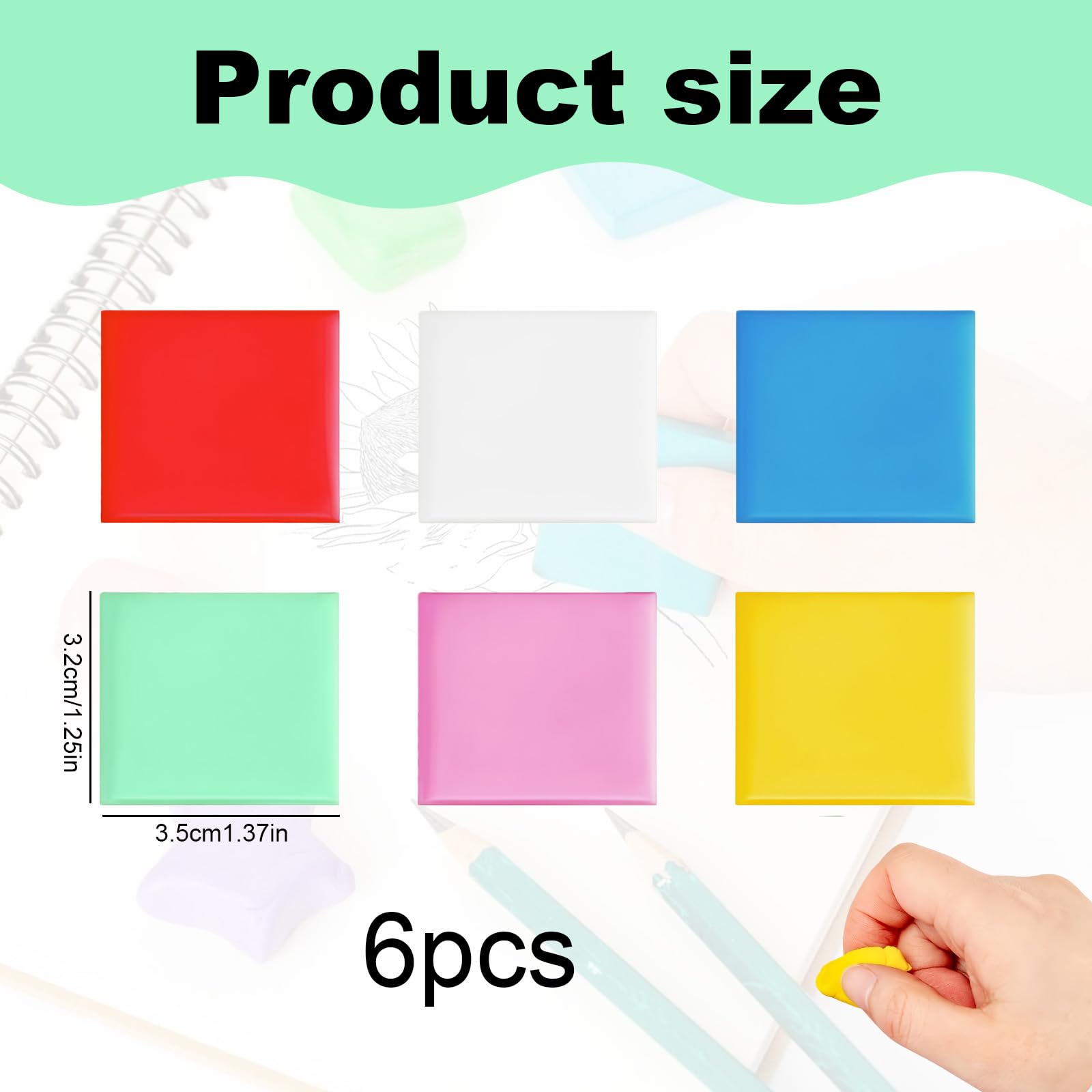 Set de 6 gomas de borrar moldeables, colores vibrantes (azul, blanco, rojo, amarillo, rosa y verde), 3.2 x 3.5 x 1 cm, ideal para artistas, estudiantes y proyectos creativos
