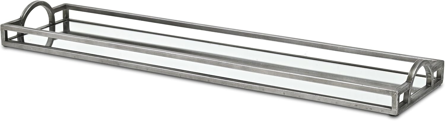 Verena Slim 32" Rectangular Mirrored Tray – Silver Finish with Handles – Modern Centerpiece for Living Room or Console Table – by Cheungs