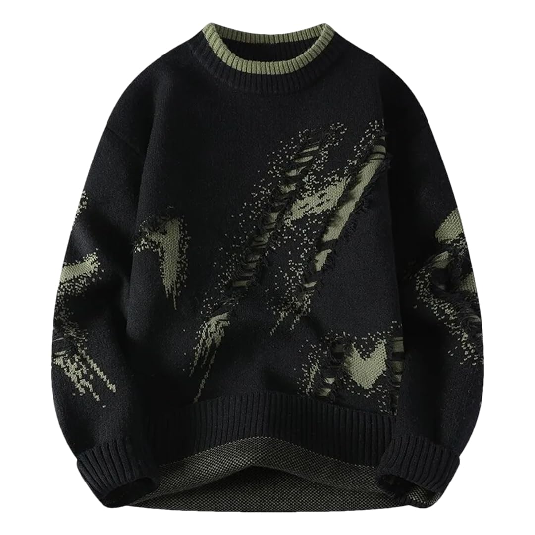 Men's Distressed Knit Sweater, Hole Decoration Patchwork Pullover for Casual Vintage Style(Black,M)