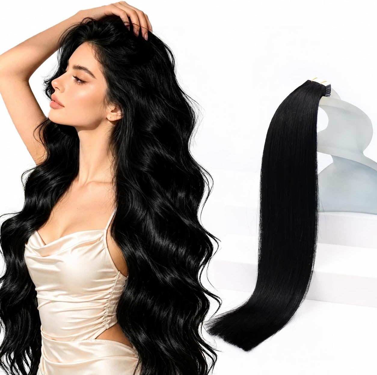 Sunny Hair Tape in Hair Extensions Human Hair Jet Black 22inch 50g 20pcs | Hair Extensions Real Human Hair,Natural Tape in Extensions for Women,Skin Wefts 20Pcs 50g
