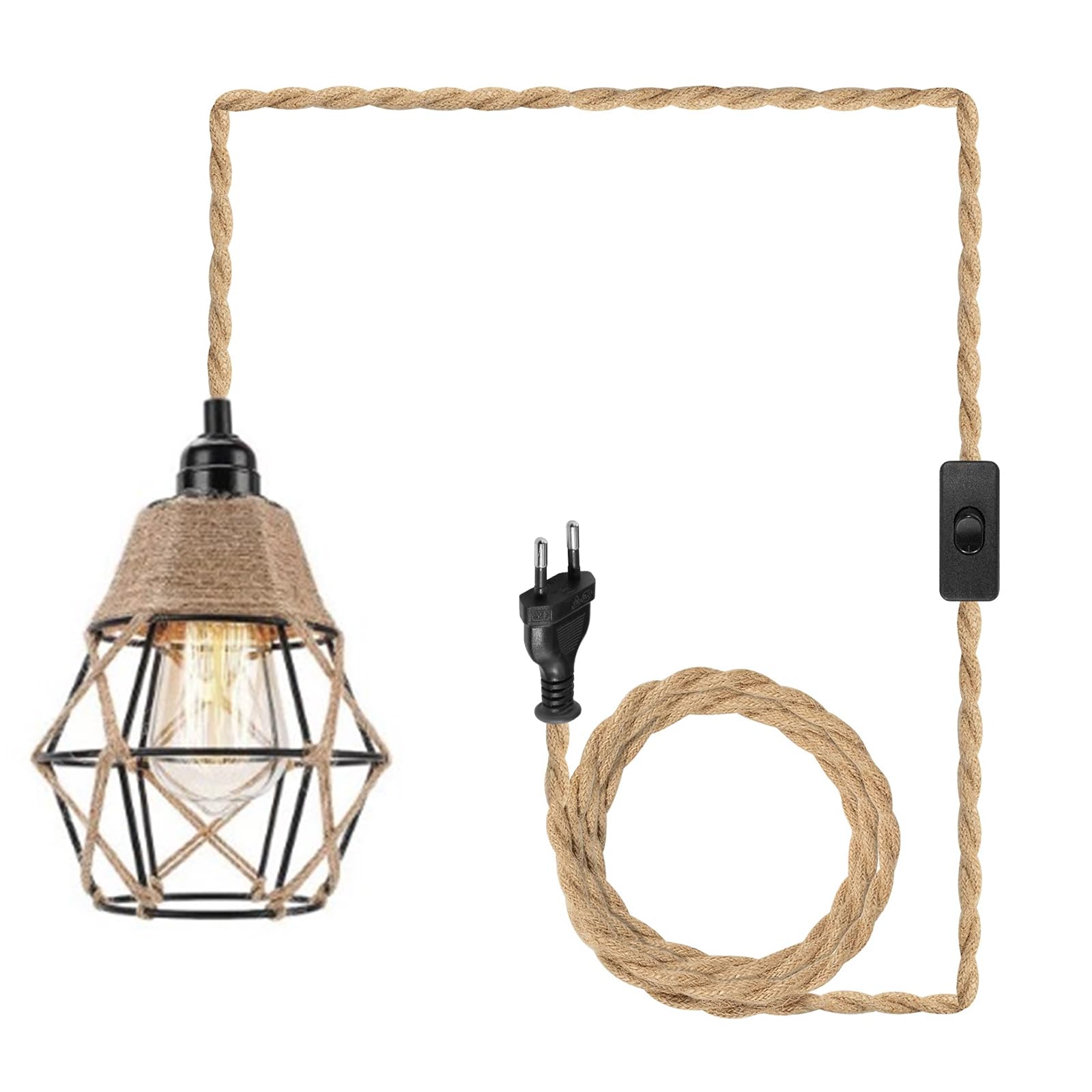 PORFOYO Lámpara de techo con enchufe, lámpara de pared retro atributo vintage cuerda de cáñamo lámpara colgante lámpara colgante lámpara colgante lámpara E27, cable de la lámpara lámpara colgante