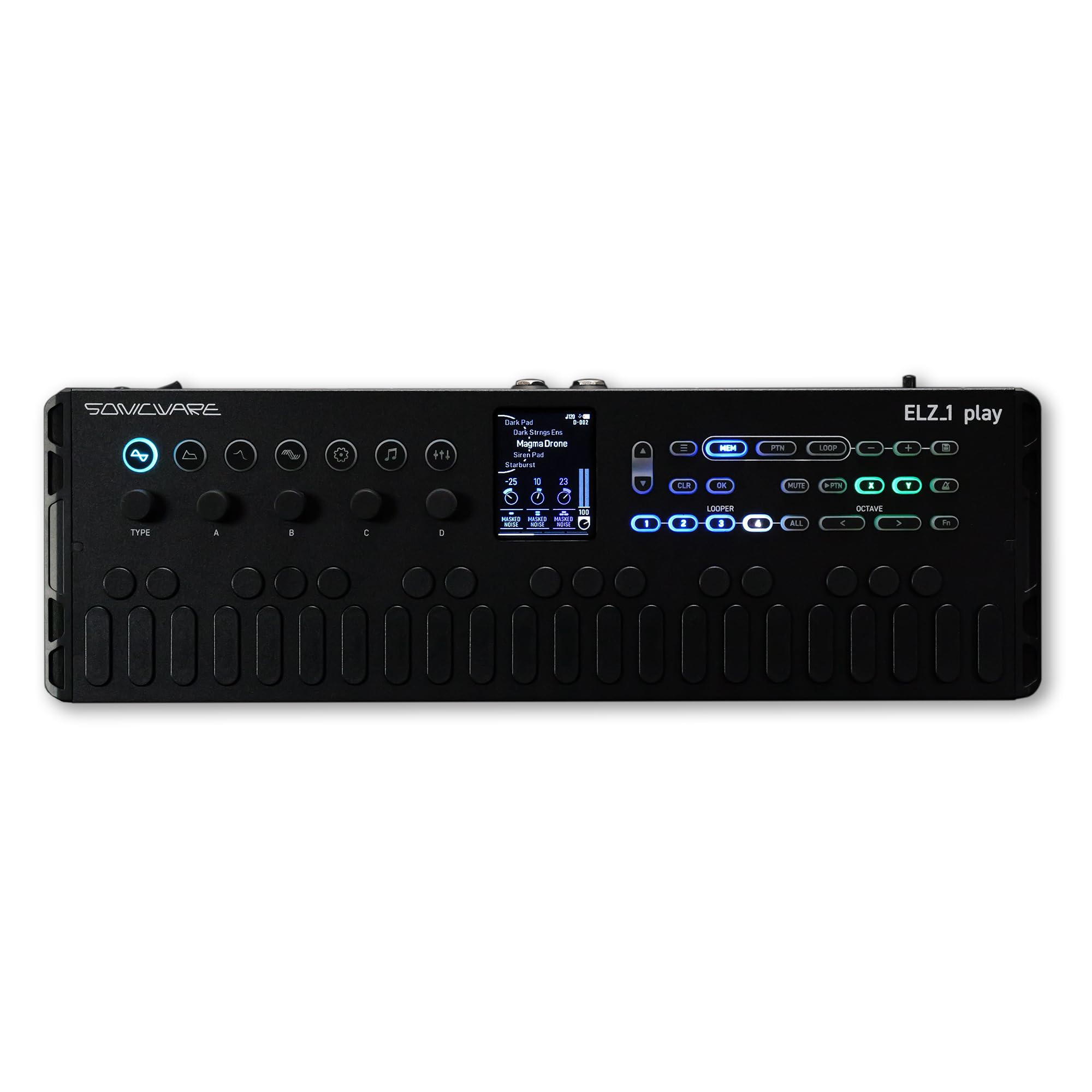 SONICWARE ELZ_1 play V2 „All Black“ Launch Edition – Limitierter Synthesizer mit 18 Sound Engines, Wavetable & Layer-Modus, 4-Track-Looper, Inkl. Hartschalenkoffer, Schwarz