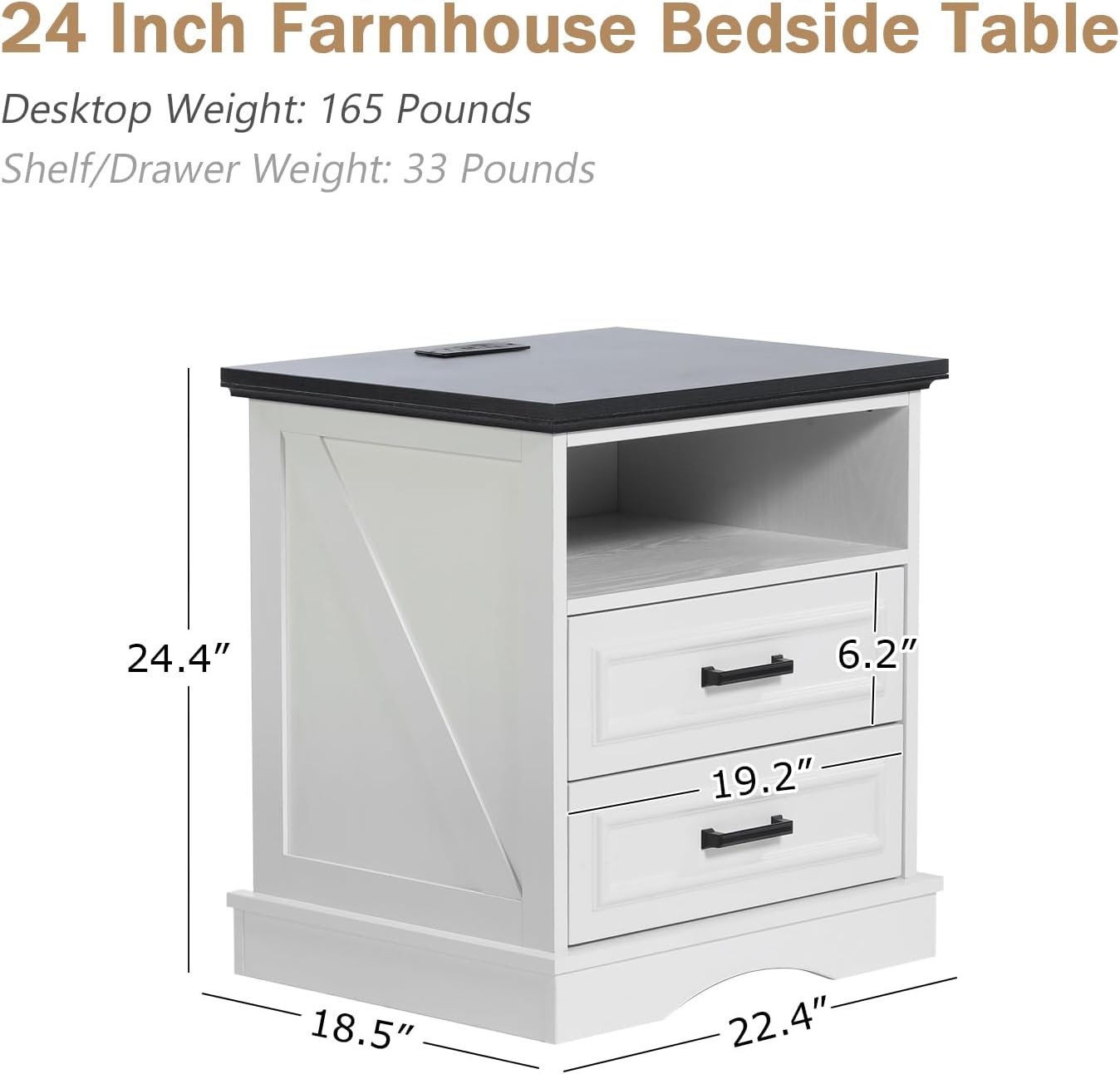 Farmhouse Night Stands Set of 2, Wood Nightstand with Charging Station, 22" Wide End Table with 2 Drawers, White Bedside Cabinet for Bedroom
