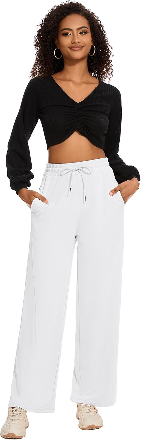 M MOTEEPI Women Sweatpants Wide Leg Sweatpants 28" Lounge Sweat Pants Casual Baggy Trousers with Elastic Waist Straight Leg White - Image 5