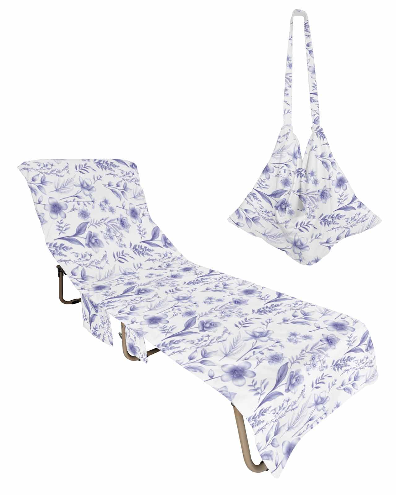 Elegant Purple Flowers Beach Lounge Chair Towel Cover, Soft Chaise Lounge Towel with Side Pockets Patio Pool Chairs Cover for Beach/Pool Sunbathing 29x85 Spring Floral Botanical Summer