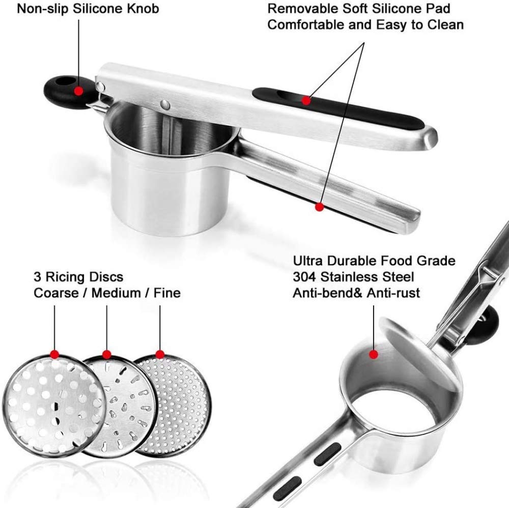 Edelstahl Potato Ricer Professioneller Kartoffelstampfer, Hochleistungs-Obstpresse für Babynahrung, Gemüse, Püree - Rutschfeste Silikongriffe, 3 austauschbare Siebe für Fein, Mittel, Grob, Silber