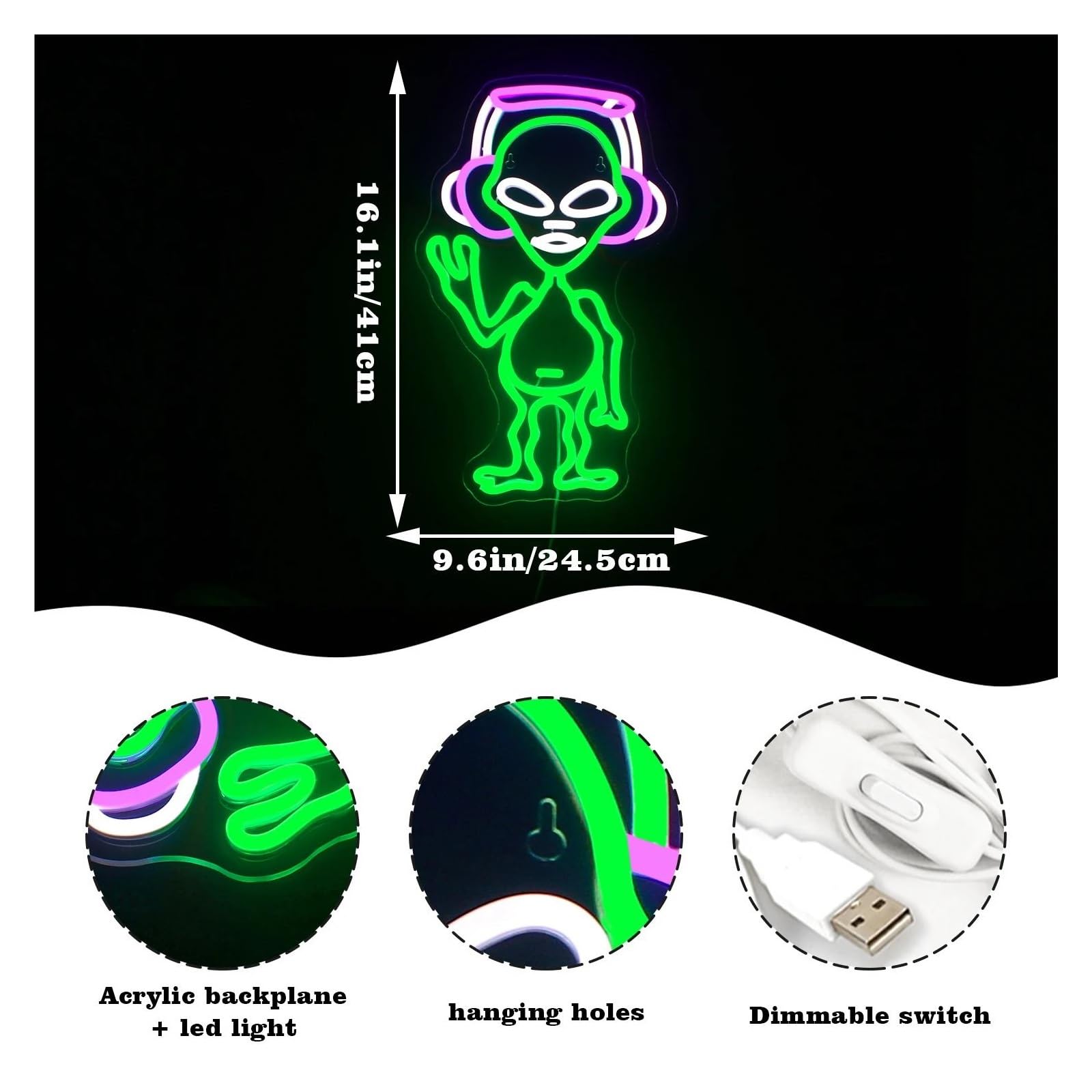 Wiszące neony artystyczne Muzyka Alien Neon LED Light Do Dekoracji Ścian Do Pokoju Gier Pokój Hip-hopowy Impreza Klub Muzyczny Zasilany Przez USB Podświetlany 24.5cmx41cm