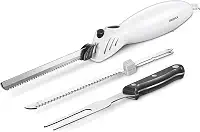 Reemix Faca de entalhe elétrica, conjunto de facas elétricas para uso multiuso, operação com um toque, 2 lâminas de entalhe incluídas e 1 garfo de servir (branco)