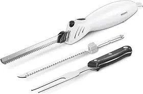 Reemix Faca de entalhe elétrica, conjunto de facas elétricas para uso multiuso, operação com um toque, 2 lâminas de entalhe incluídas e 1 garfo de servir (branco)