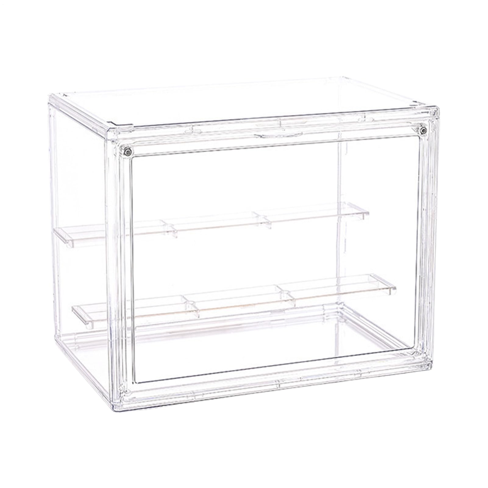 Vitrina de acrílico transparente apilable con puerta magnética y partición extraíble